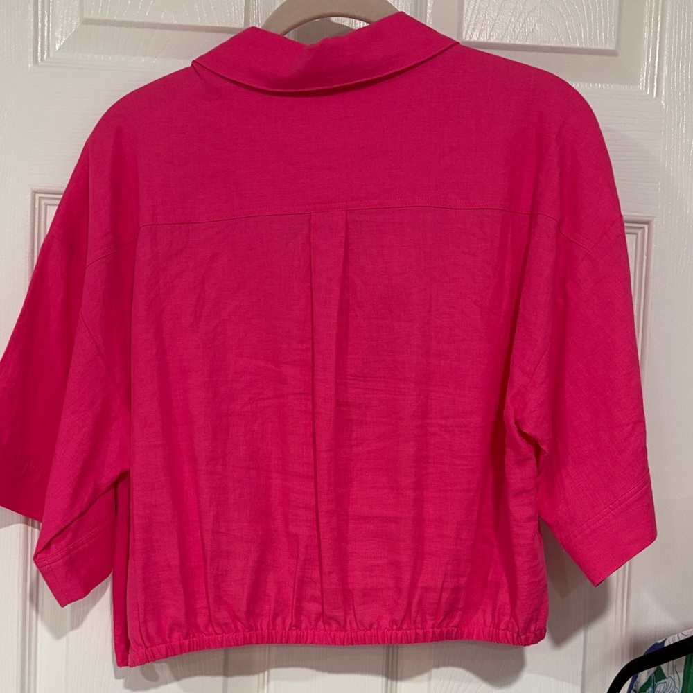 Frame Denim Bright Pink Cropped Short-Sleeve Linen top - Picture 5 of 5